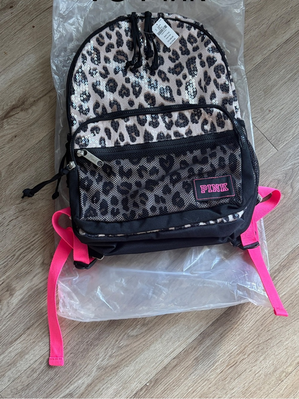 PINK Victoria's Secret Leopard Sequin Backpack with Hot Pink Straps